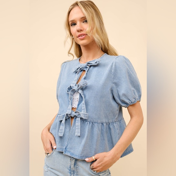 Puff Sleeve Bow Tie Front Denim Cut Out Top - Blue B - Picture 2 of 5